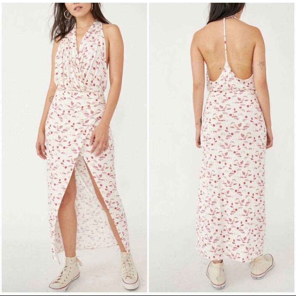 Free People Daria Floral Print Halter Maxi Dress NWT White/Red Size Medium
